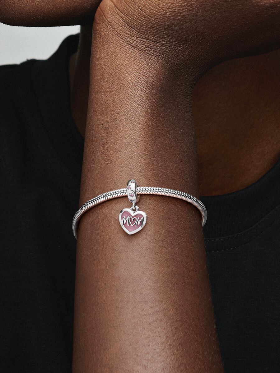 Pink Enamel MOM Heart Dangle Charm