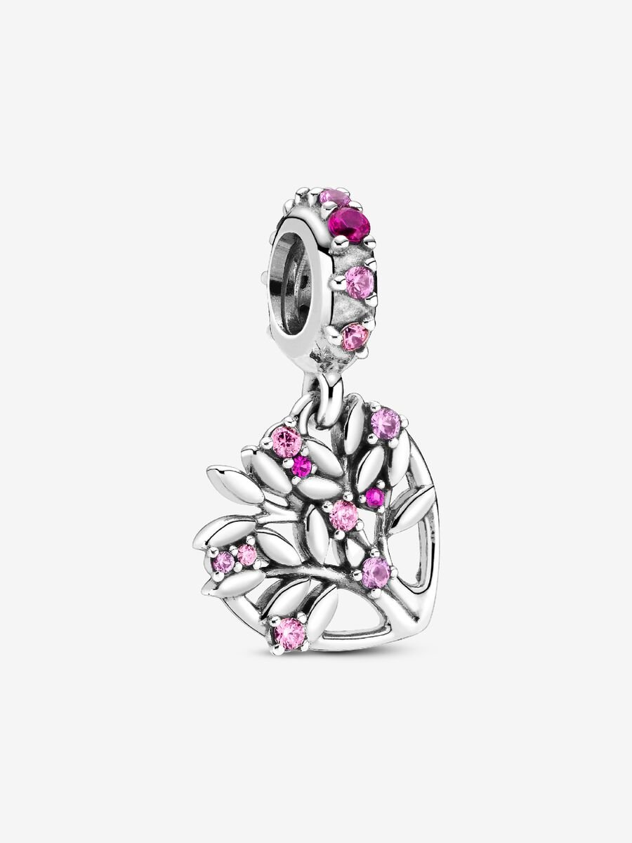 Pink Sparkling Family Tree Heart Dangle Charm