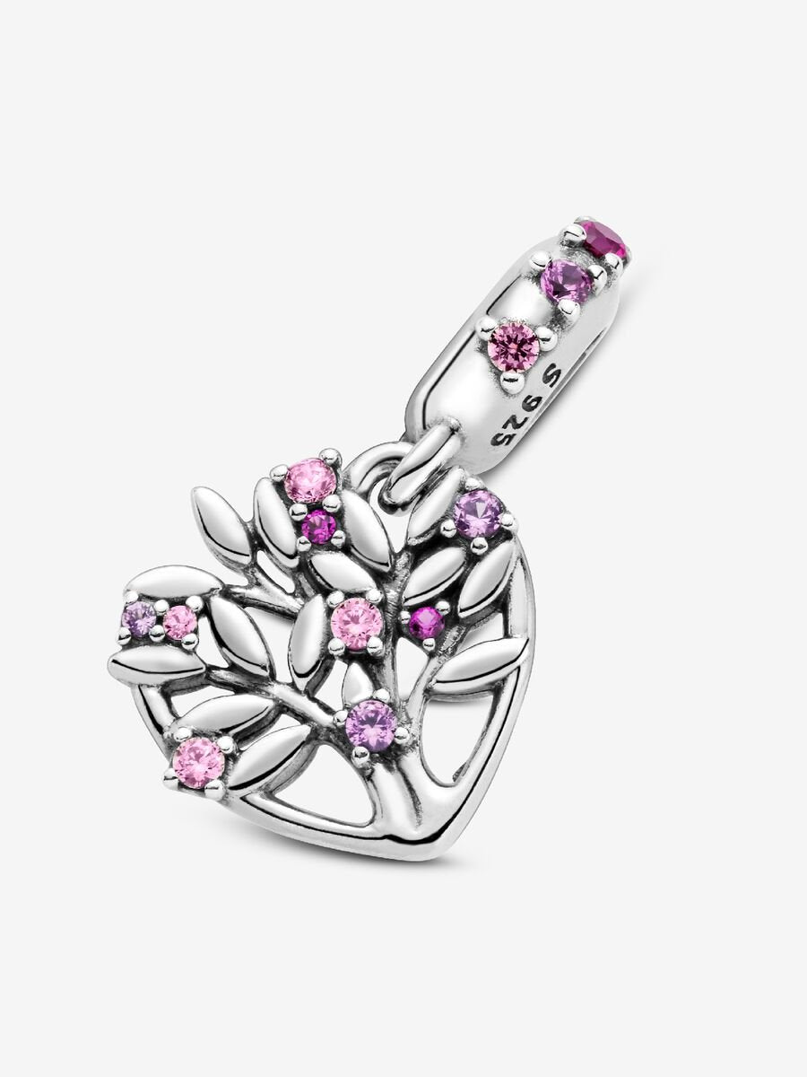 Pink Sparkling Family Tree Heart Dangle Charm