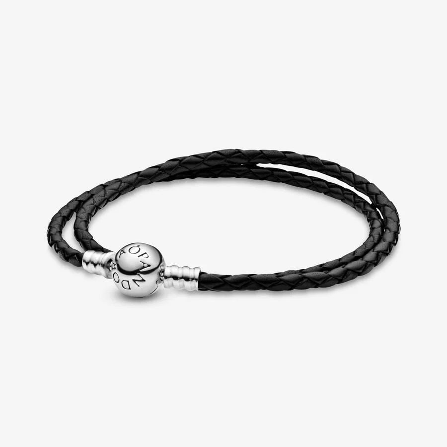 Braided Black Leather Double Wrap Bracelet with Sterling Silver Clasp