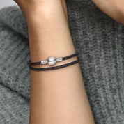 Braided Black Leather Double Wrap Bracelet with Sterling Silver Clasp