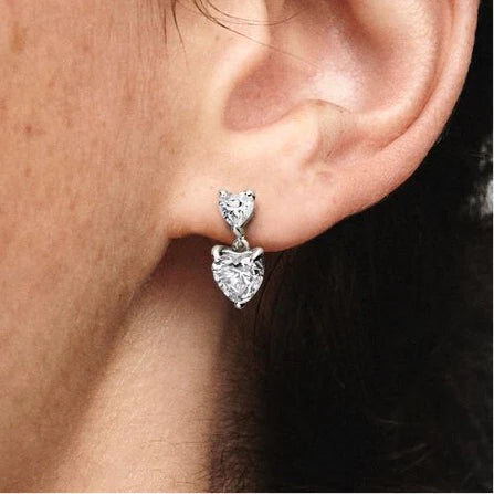 Double Heart Drop Earrings in Sterling Silver