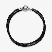Braided Black Leather Double Wrap Bracelet with Sterling Silver Clasp