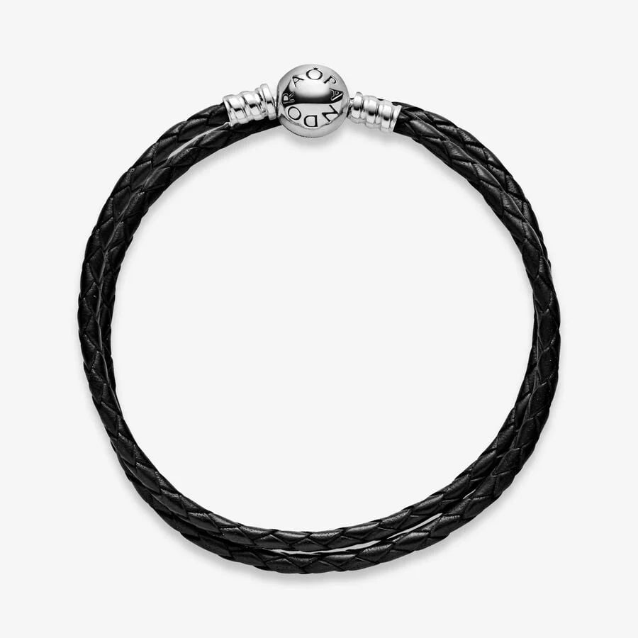 Braided Black Leather Double Wrap Bracelet with Sterling Silver Clasp