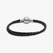 Braided Black Leather Double Wrap Bracelet with Sterling Silver Clasp